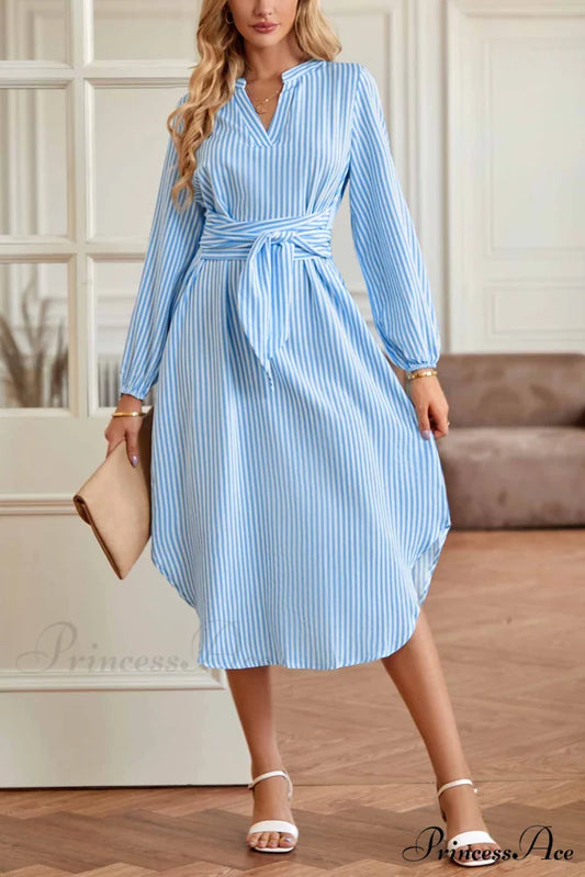 Striped V Neck Tie Waist Long Sleeve Midi Dress Blue / L