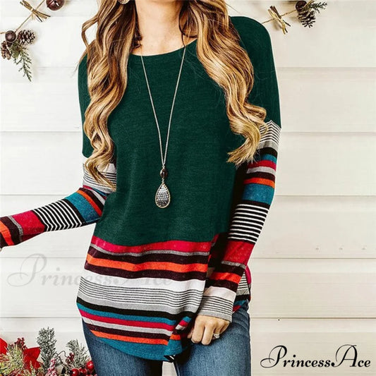 Striped Women Splicing Long Sleeve Top green / S