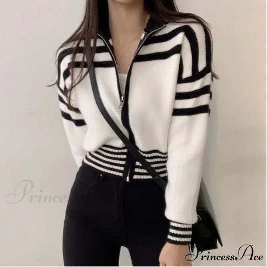 Striped Zipper Elevated Collar Cardigan cardigans-241228