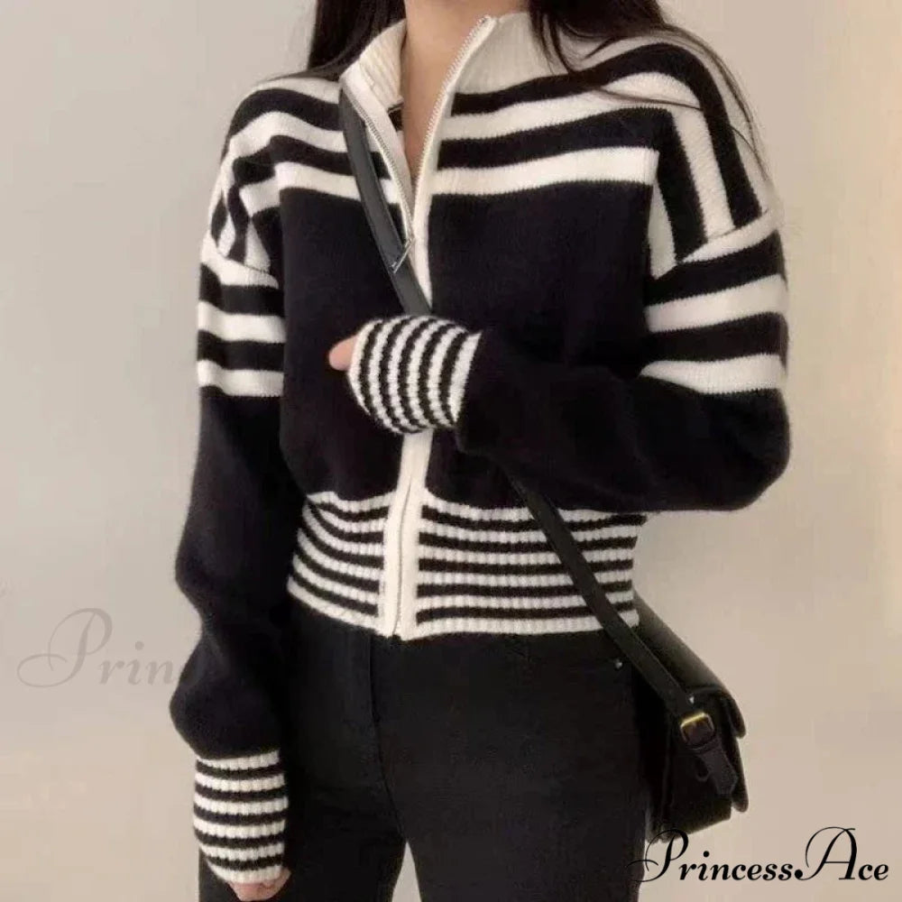 Striped Zipper Elevated Collar Cardigan cardigans-241228