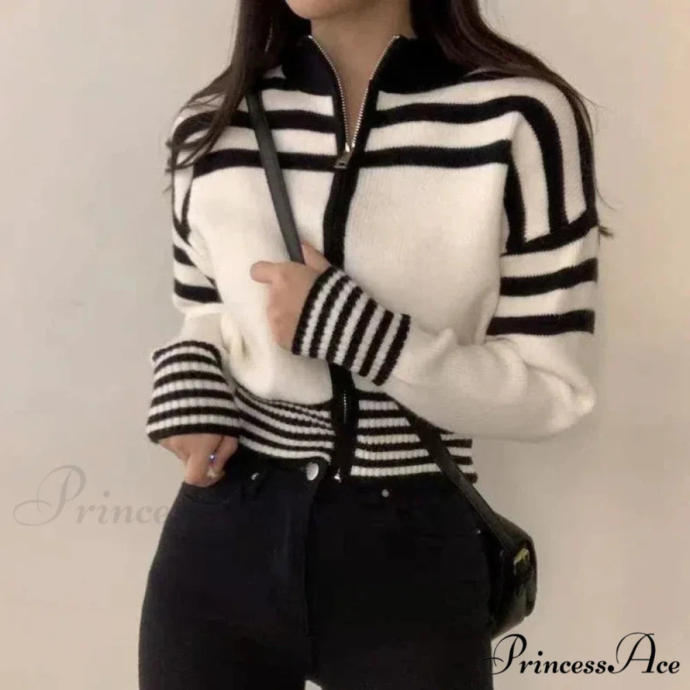 Striped Zipper Elevated Collar Cardigan cardigans-241228