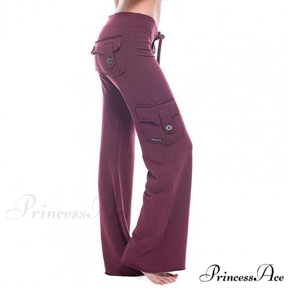 Strong Elastic Wide Leg Soft Sports Drawstring Straight Cargo Pants Wine Red / M