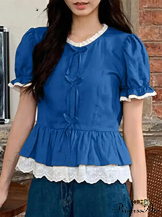 Strong Puff Sleeve Lace Patchwork High Neck Blouse Blue / S blouse-250126