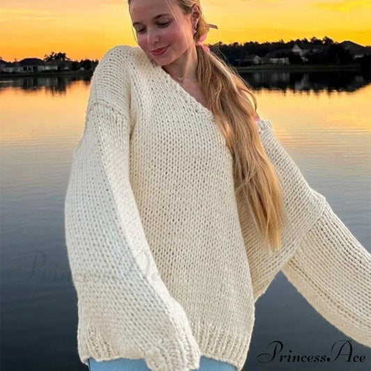 Sturdy Baggy Plunging Neckline Off-Shoulder Sweater Apricot / S swraters-241228