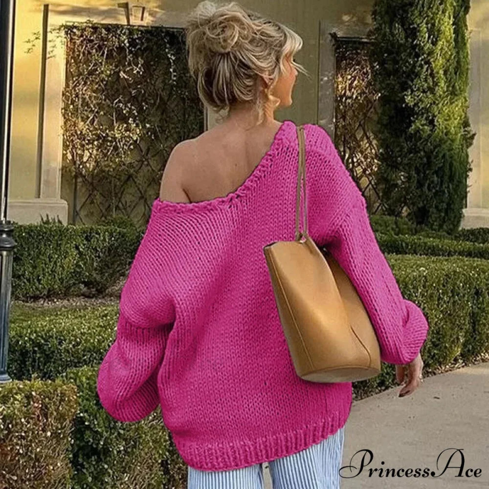 Sturdy Baggy Plunging Neckline Off-Shoulder Sweater swraters-241228