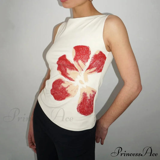 Stylish 2000s Floral Pattern Crewneck Sleeveless Graphic Crop WHITE / S croptop-250126