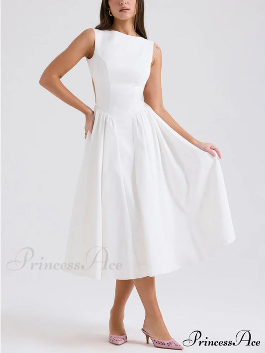 Stylish And Elegant Solid Color Trendy Round Neck Backless Sleeveless Midi Dress White / S