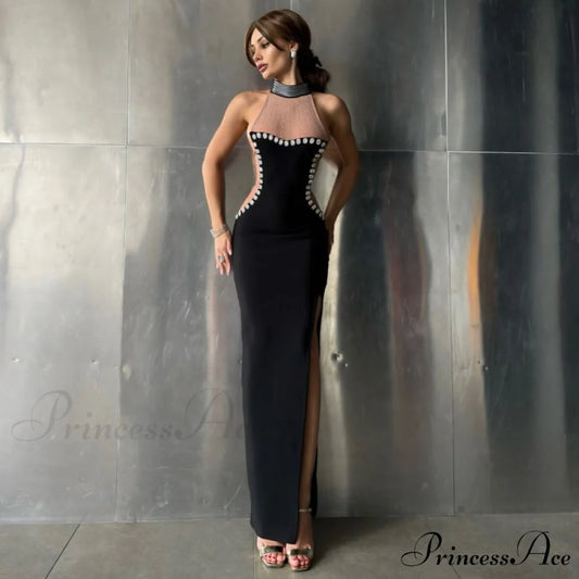 Stylish Beaded Mesh Open-Back Party Dress Prom Dress black / XS promdress-250223