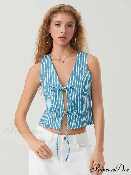 Stylish Bow Knotted Front Striped Sleeveless V-neck Crop Tank Blue / S croptop-250126