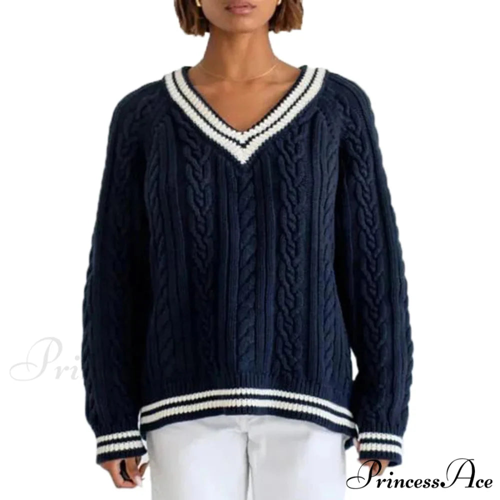 Stylish Braided Knit Striped V-neck Sweater Navy Blue / S swraters-241228