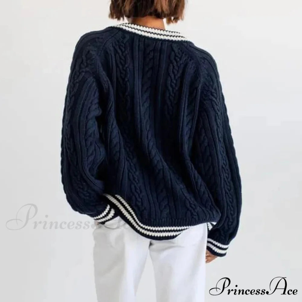 Stylish Braided Knit Striped V-neck Sweater swraters-241228