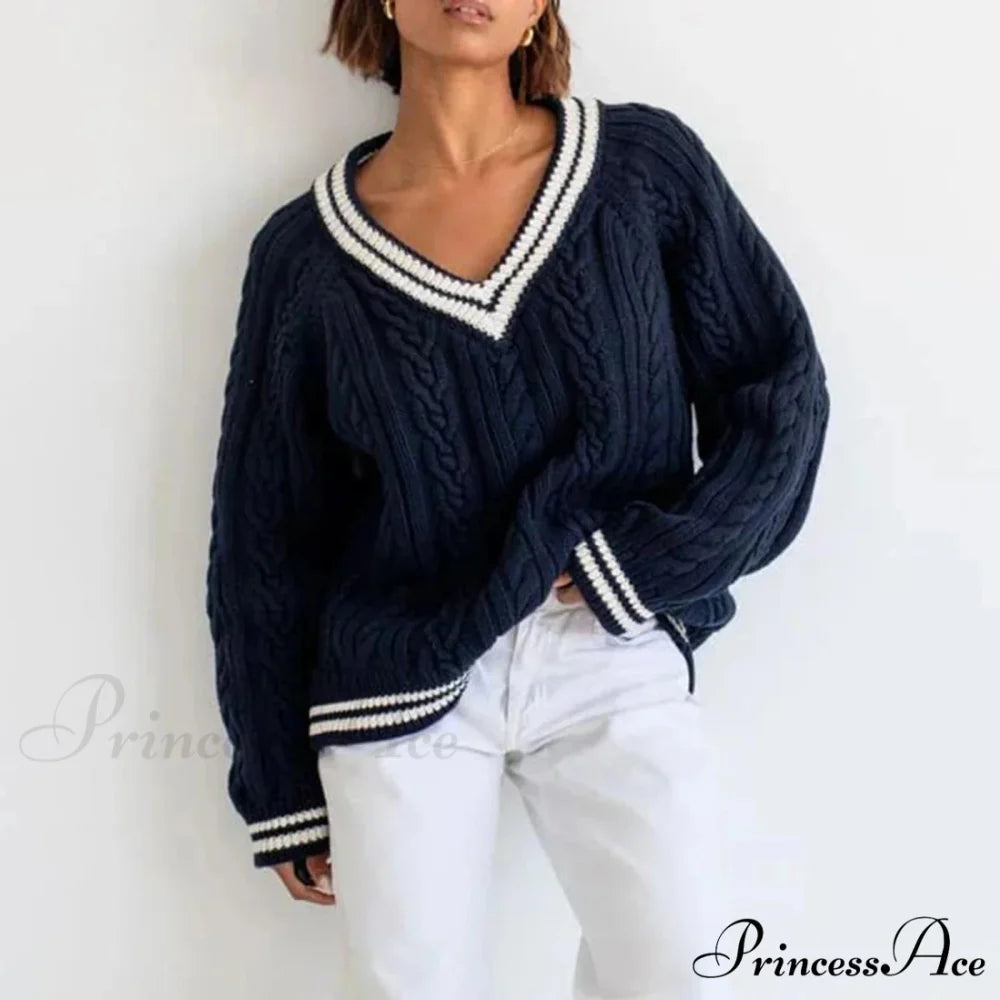 Stylish Braided Knit Striped V-neck Sweater swraters-241228