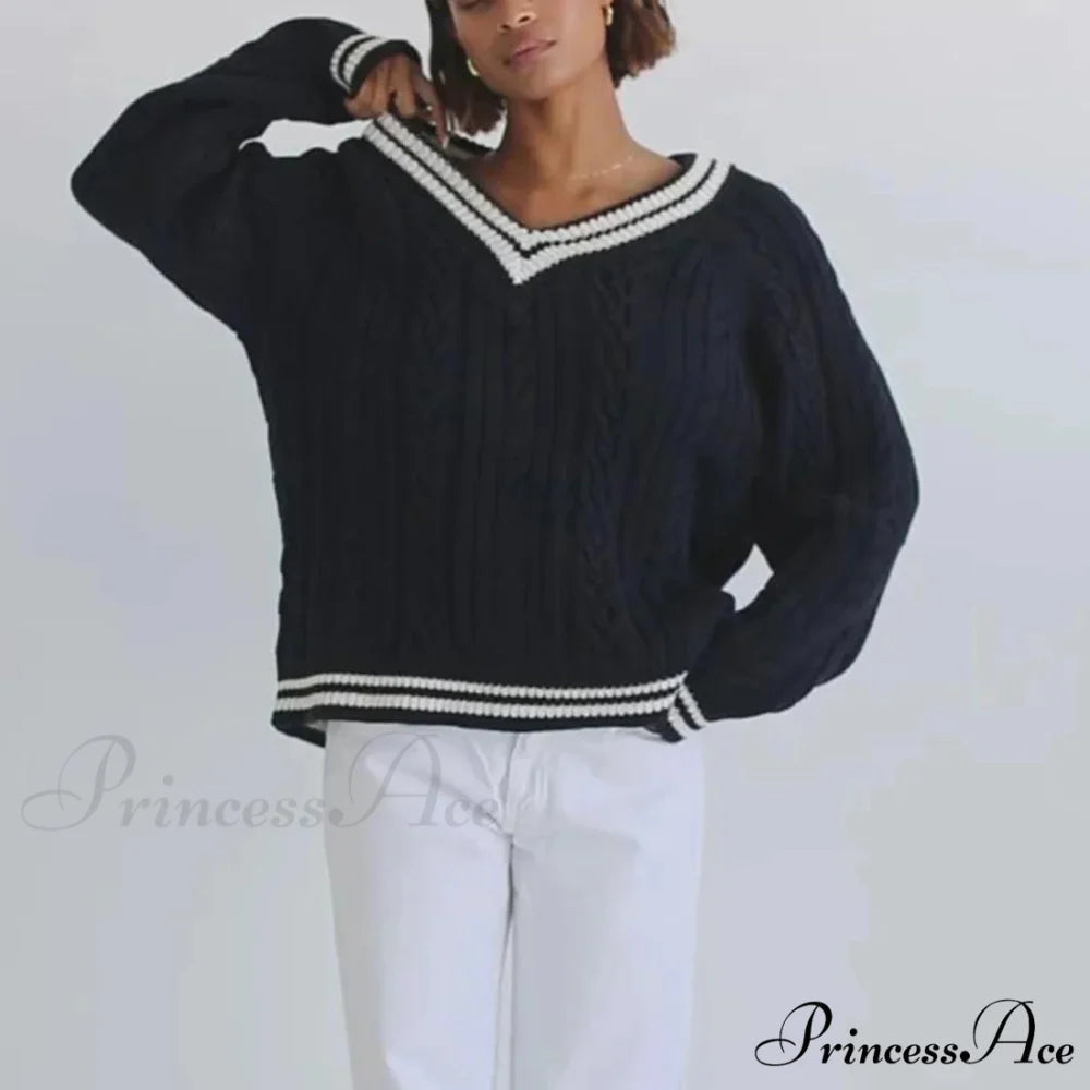 Stylish Braided Knit Striped V-neck Sweater swraters-241228