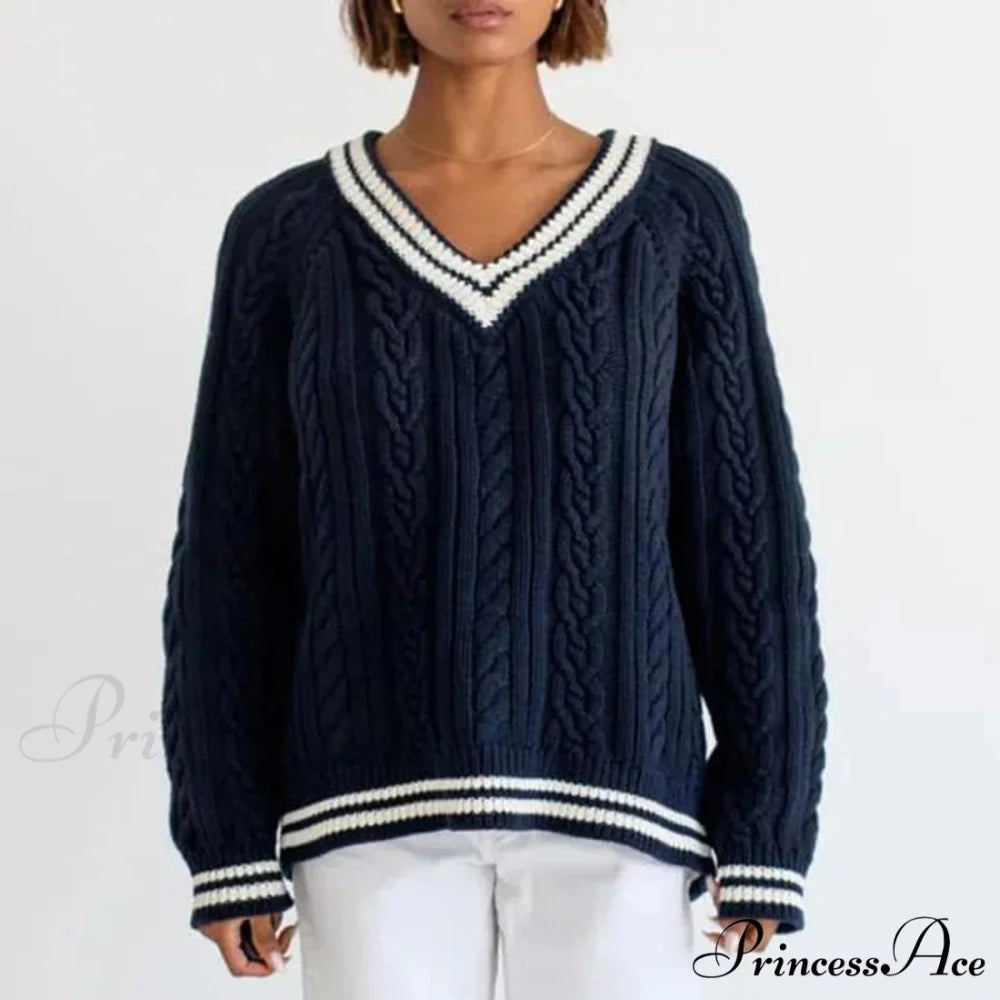 Stylish Braided Knit Striped V-neck Sweater swraters-241228