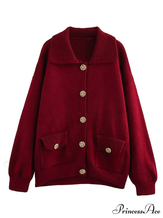 Stylish Collar Plain Buttoned Pockets Lengthy Knitted Cardigan Photo Color / S cardiagn-250126