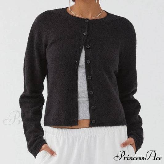 Stylish Crew Neck Button Up Front Cardigan Black / S cardiagn-250126