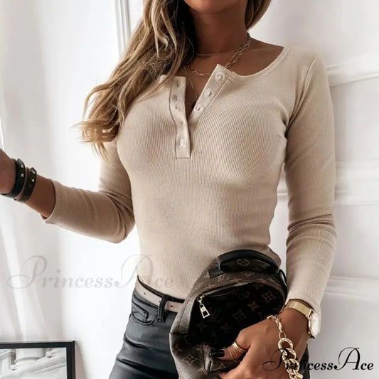 Stylish Crew Neck Solid Tailored Knit Top Apricot / S knittop-250126