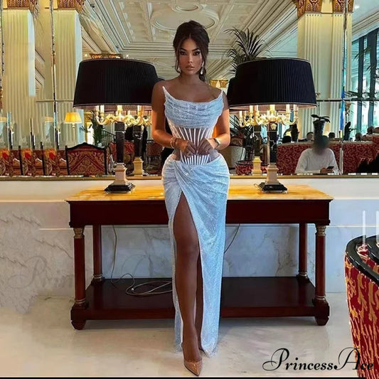 Stylish Crystal Beaded Sleeveless Gown Celebration Prom Gown blue / XS promdress-250223