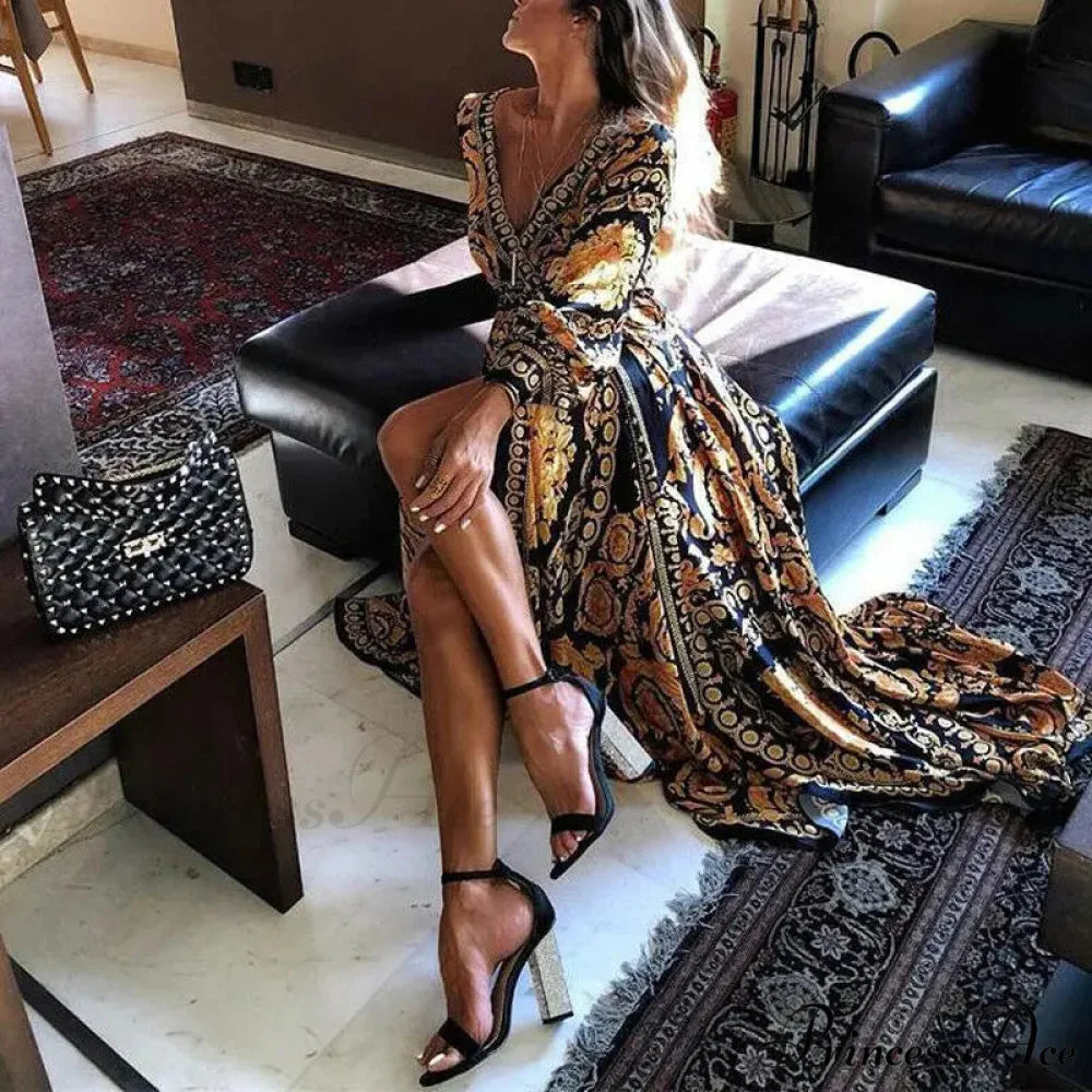 Stylish Cultural Bohemian Pattern Maxi Dress bohodress-250126
