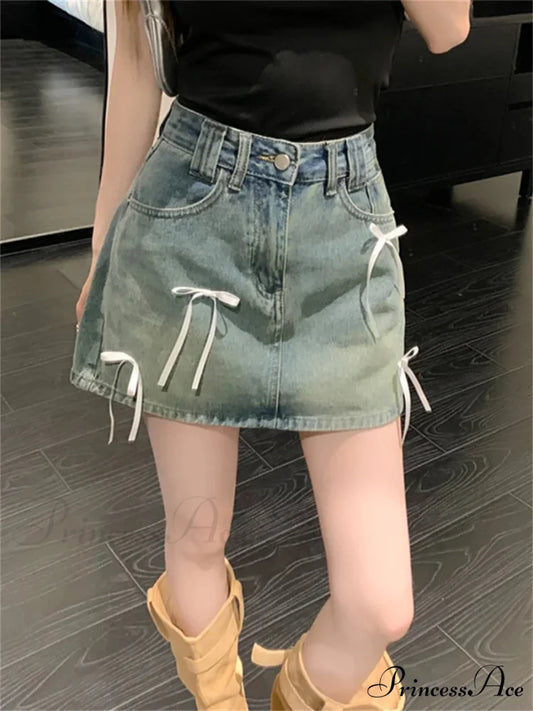 Stylish Denim Bow Detail Skirt Blue / S skirts-250223