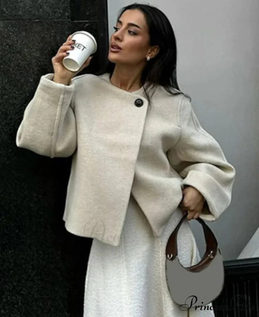 Stylish Durable Wool Single Button Overcoat White / S overcoats-241228