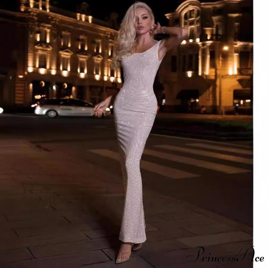 Stylish Elastic Long Dress Open-back Celebration Dress off white / XS promdress-250223