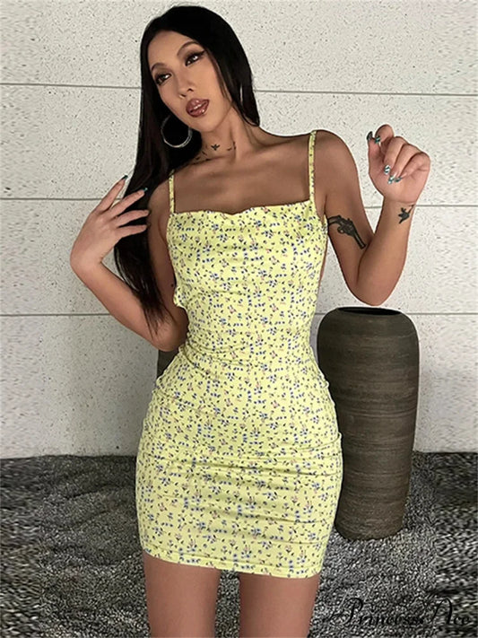 Stylish Flower Pattern Open-Back Sling Mini Suspender Wrap Bodycon Party Dress Yellow / S floraldress-250126