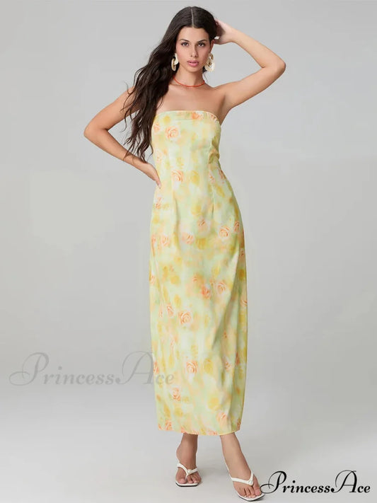 Stylish Flower Pattern Tube Backless Off-Shoulder Evening Gown Party Dress floraldress-250126