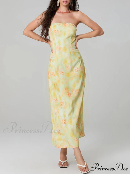 Stylish Flower Pattern Tube Backless Off-Shoulder Evening Gown Party Dress Yellow / S floraldress-250126