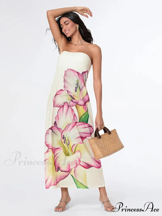 Stylish Flower Strapless Relaxed Fit Flower Dress floraldress-250126