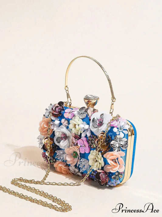 Stylish Flowered Beaded Clutch Evening Bag Wedding Purse Blue / Mini(Max Length<20cm) clutchbag-250126