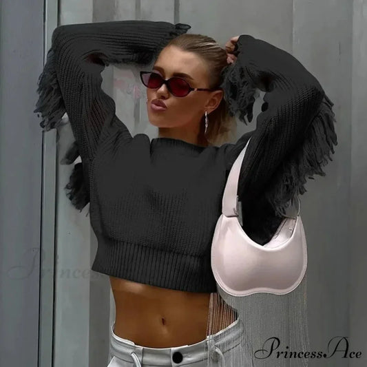 Stylish Fringe Patchwork Pullover Jumper Black / S swraters-241228