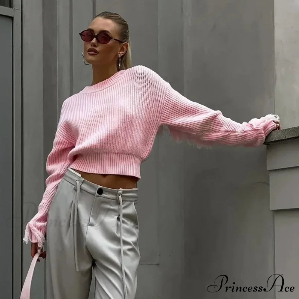 Stylish Fringe Patchwork Pullover Jumper Light Pink / S swraters-241228