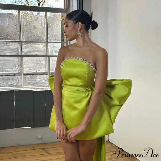 Stylish Green Pink Red Satin Mini Party Dresses Detachable Bow Christmas Party Dress Green / 2