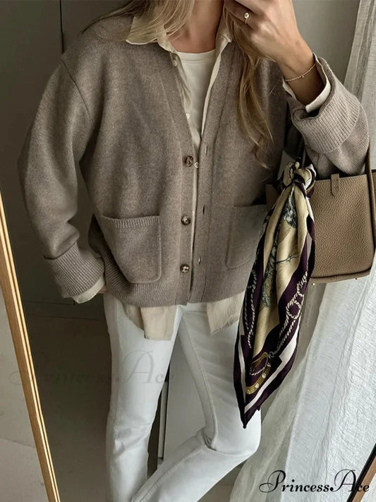 Stylish Grey Single Buttoned V-neck Cardigan deep khakis / S cardigans-241228