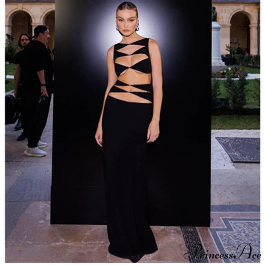 Stylish Hollow-Cut Two-Piece Bandage Dress Celebrity Prom Dress black / XS promdress-250223