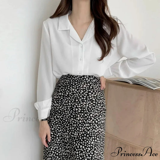 Stylish Lantern Sleeve Suit Collar Baggy Office Blouse WHITE / One Size blouse-250126
