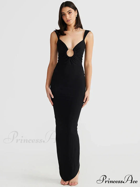 Stylish Maxi Thin Strap Holiday Dress Black / S vacationdress-250223