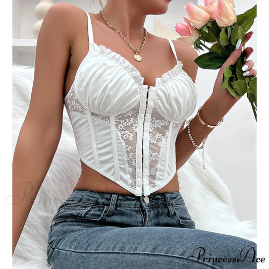 Stylish Mesh Fishbone Lace Pleated Seductive Crop Top White / S croptop-250126