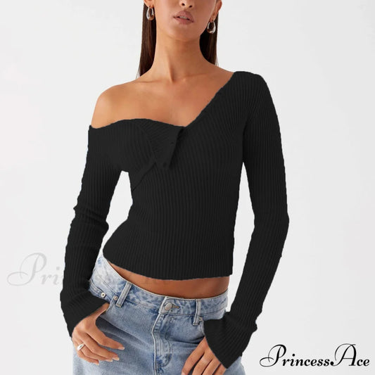 Stylish Off Shoulder Ribbed Solid Crop Fitted Knit Top Black / S knittop-250126