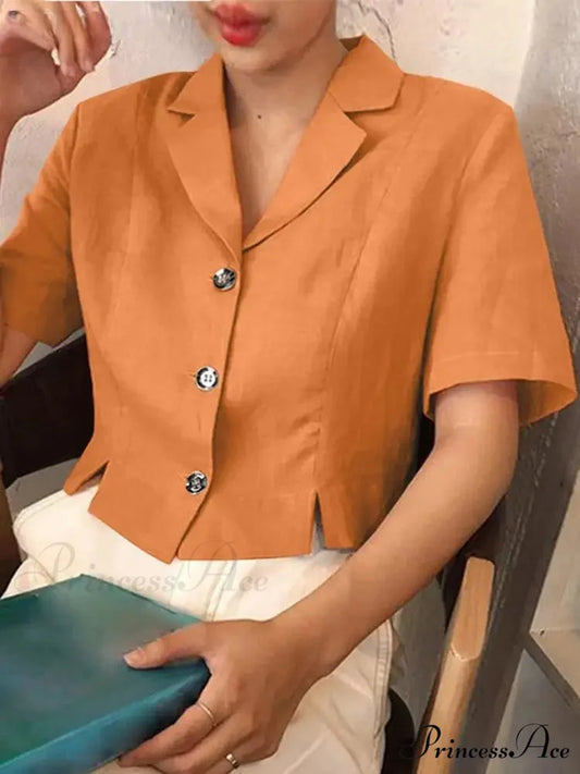 Stylish Office Lapel Button Short Sleeve Blouse Orange / S blouse-250126