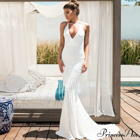 Stylish Open-Backed Lace Sequin Prom Gown white / S promdress-250223