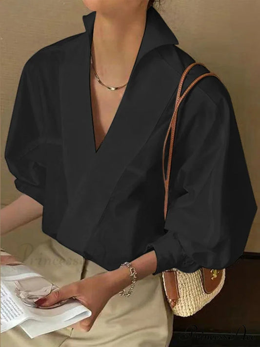 Stylish Plunging Neck Puff Sleeve Ivory Blouse Black / S blouse-250126