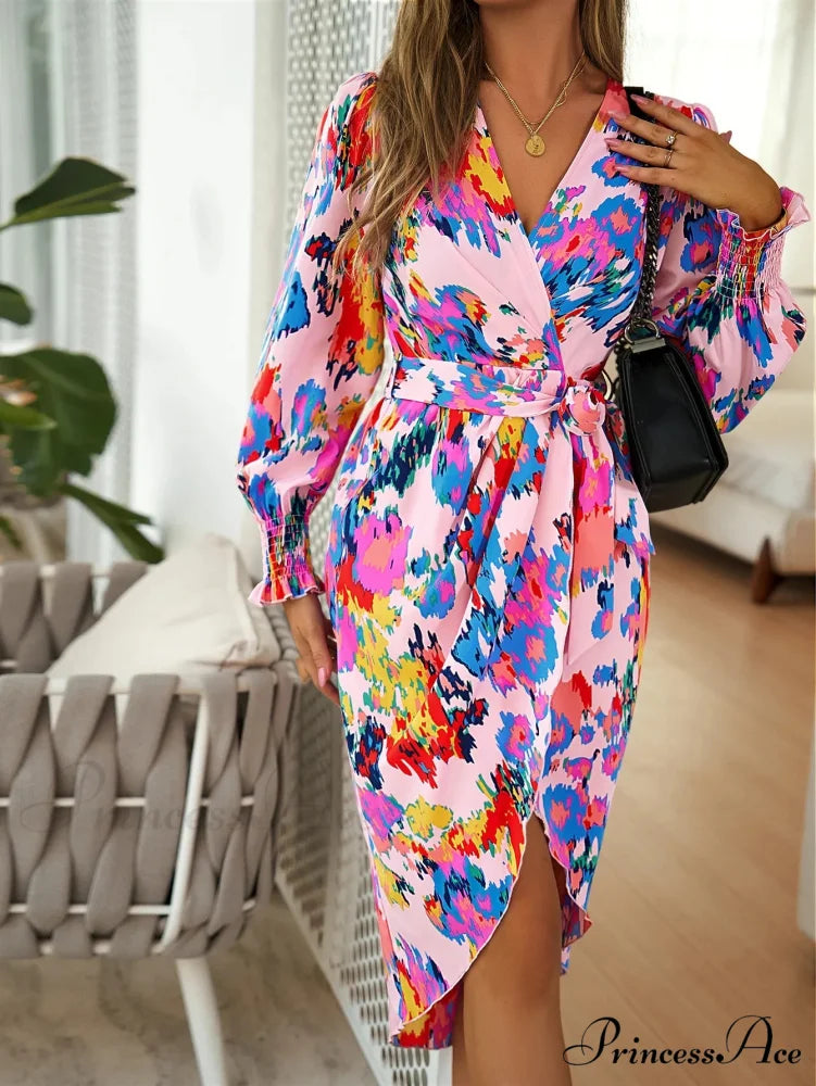 Stylish Plunging Neckline Long Bohemian Printed Dress bohodress-250126
