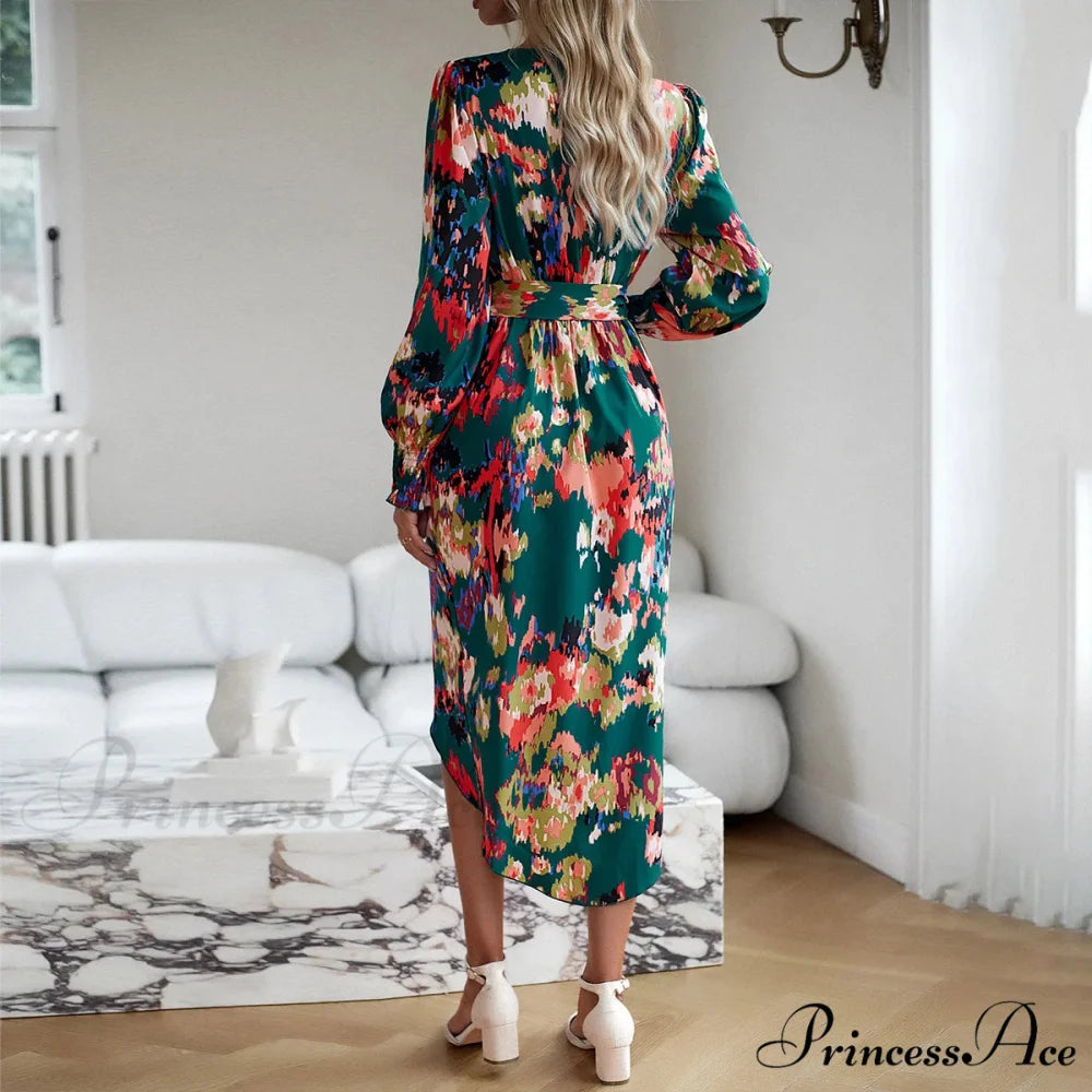Stylish Plunging Neckline Long Bohemian Printed Dress bohodress-250126