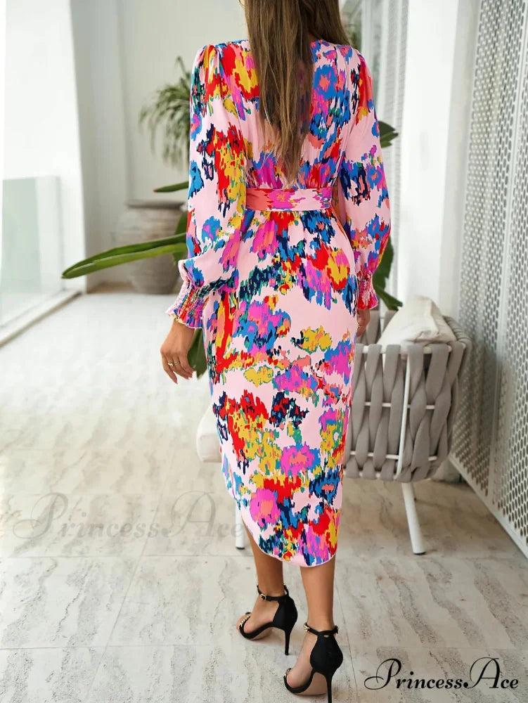 Stylish Plunging Neckline Long Bohemian Printed Dress bohodress-250126