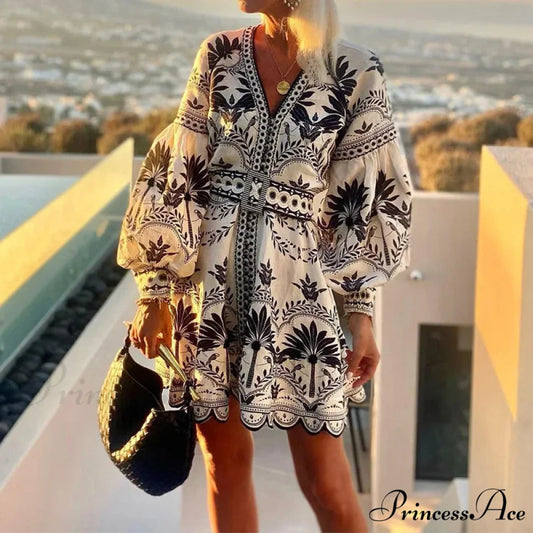 Stylish Print V-neck A-line Boho Dress Black / S bohodress-250126