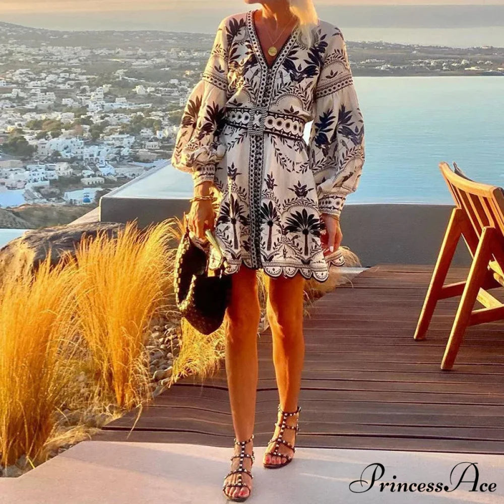 Stylish Print V-neck A-line Boho Dress bohodress-250126