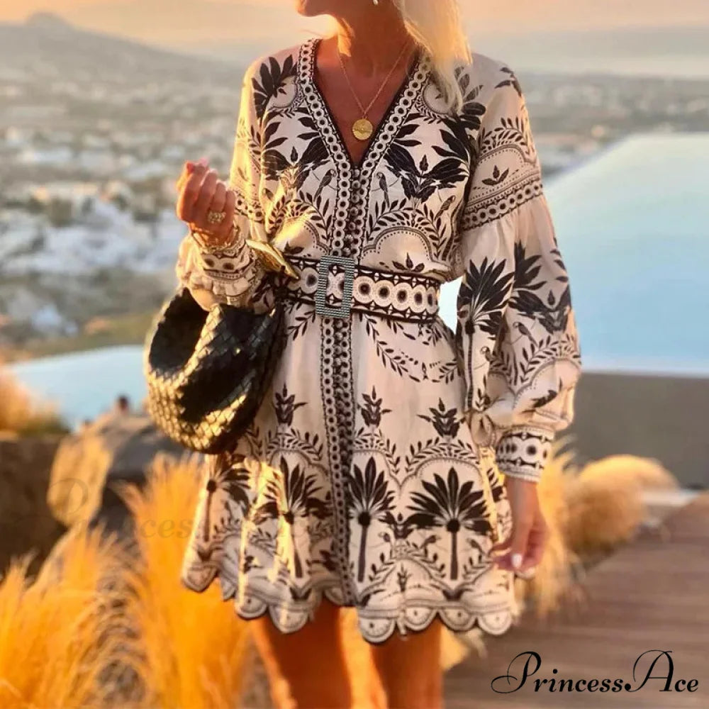 Stylish Print V-neck A-line Boho Dress bohodress-250126