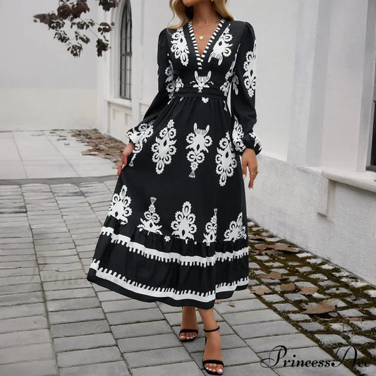 Stylish Printed V-neck A-line Boho Dress Black / S bohodress-250126